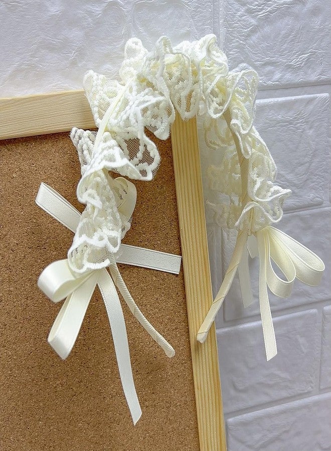 PLwelth White Flower Lace Headband Bow Wide Hairband for Kids Girls Vintage Floral Embroidered Head Bands Thick Headbands with Teeth Elegant Hair Accessories for Cosplay Tea Party Princess Wedding - Image 5